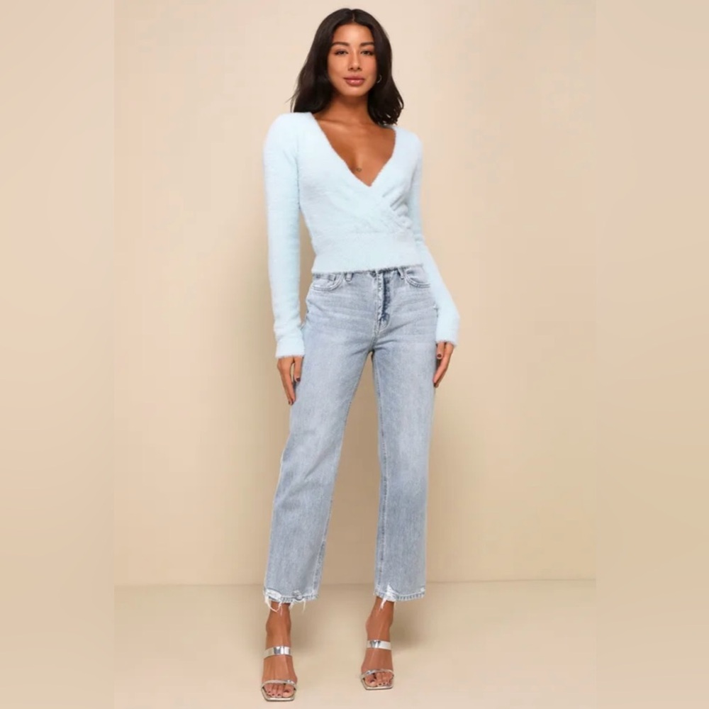 NWT Lulu's Snuggly Statement Light Blue Eyelash Knit Surplice Sweater Women’s XS - Picture 5 of 14